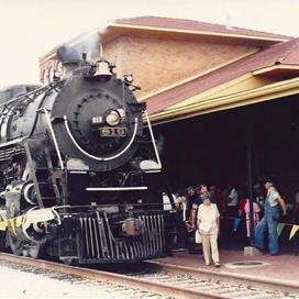 Engine 819 pauses at Pine Bluff’s Union Station for a victory celebration.